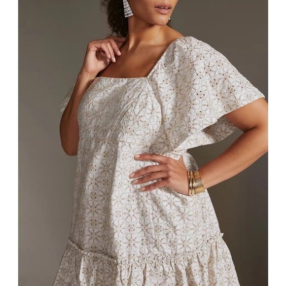 Maeve By Anthropologie Smocked Tunic Mini Dress In Cream & White Sz 1X - Picture 11 of 11